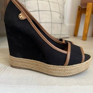 Tory Burch: Peep Toe Majorca Canvas and Leather Wedges